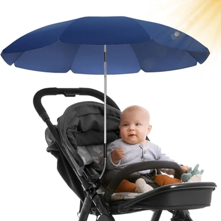 STYNGARD Sonnenschirm Kinderwagen Modell ROME, UV Schutz 50+, 70 cm Durchmesser mit Überhang, 360° verstellbar, flexibele Universalhalterung