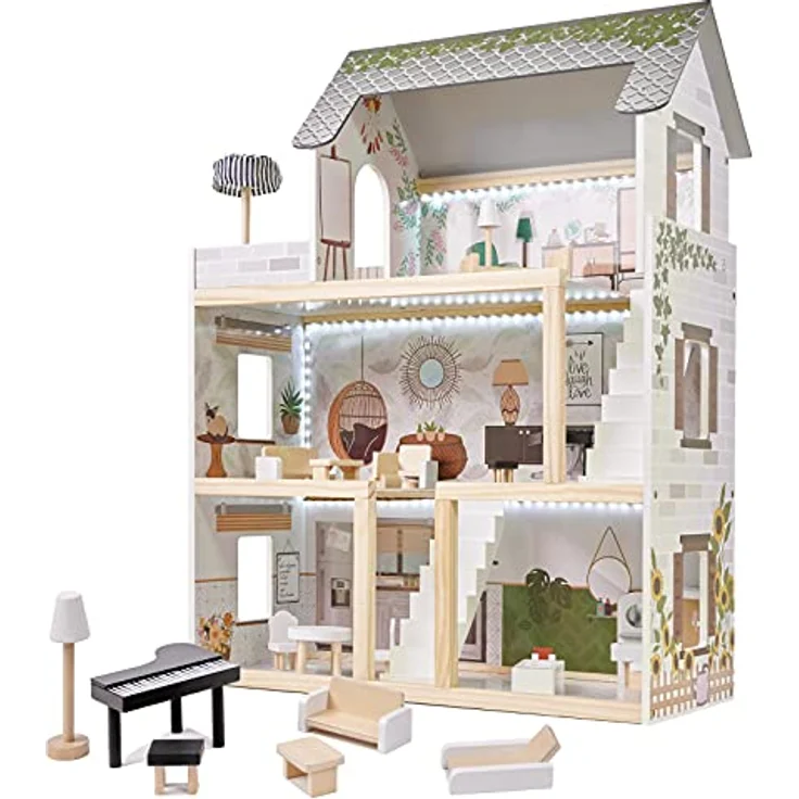 ikonka Puppenhaus aus Holz, 3 Etagen mit 4 Zimmern und Terrasse, komplett möbliert mit LED-Beleuchtung, B62 x H78 x T26,5 cm – Bild 2