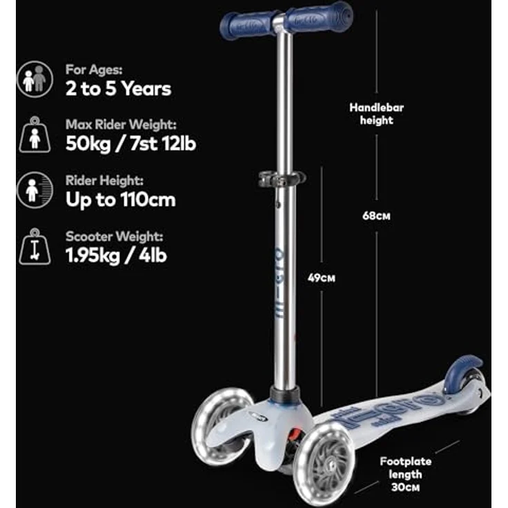MICRO Mini micro Deluxe Flux LED | Kinderroller ab 2 Jahren | Inklusive LED Rollen | Transparentes Design, Höhenverstellbar | Blau – Bild 2