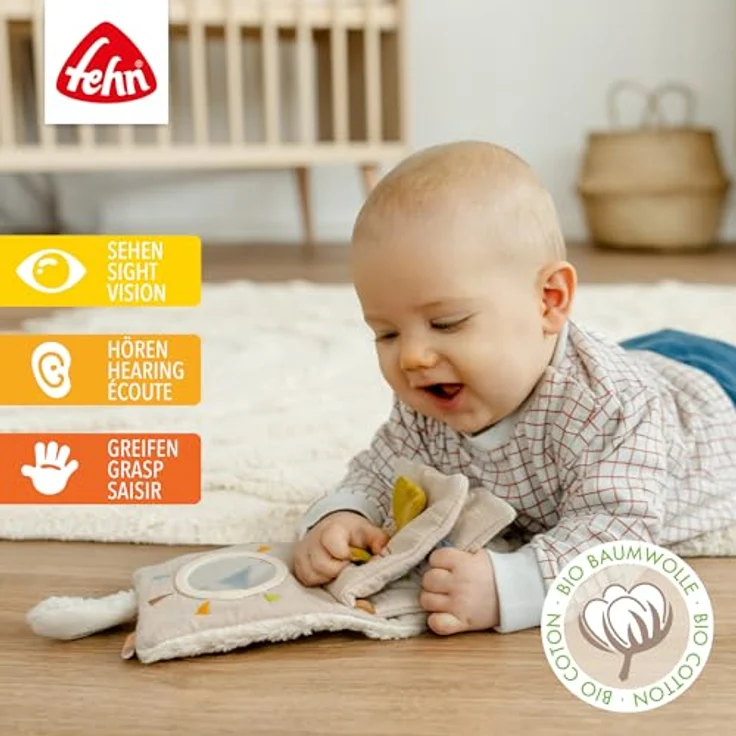 Fehn Greifspielzeug fehnNATUR, Stoffbuch Schaf aus Bio-Baumwolle mit Quietsche, Raschelpapier und Spiegel für Babys ab 0 Monaten – Bild 2