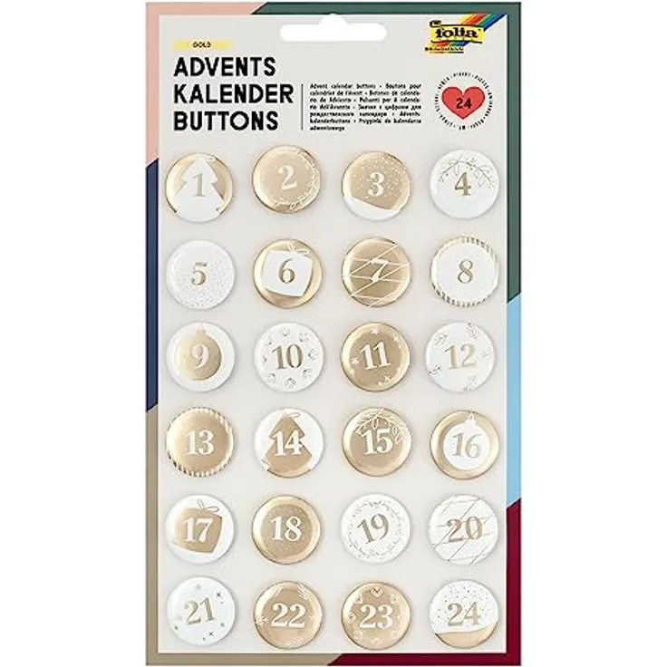 folia 1219 - Adventskalender Buttons, Perlmutt, 24 Stück, aus Metall, zum Gestalten individueller Adventskalender, weiß/gold