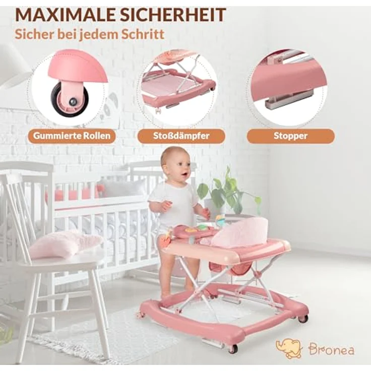 Bronea 5-in-1 Babywalker Gehfrei | Lauflernhilfe mit Schaukelfunktion, Musik & Licht | Höhenverstellbar | Klappbar | Rosa – Bild 5