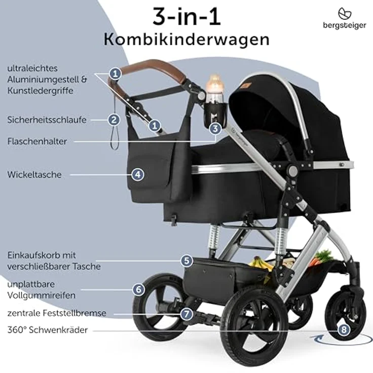 Bergsteiger Nizza 3 in 1 Kinderwagen, Kombikinderwagen Komplettset, Babywanne & Buggy Sportsitz inklusive, Auto-Babyschale & Isofix Station optional, grau – Bild 2