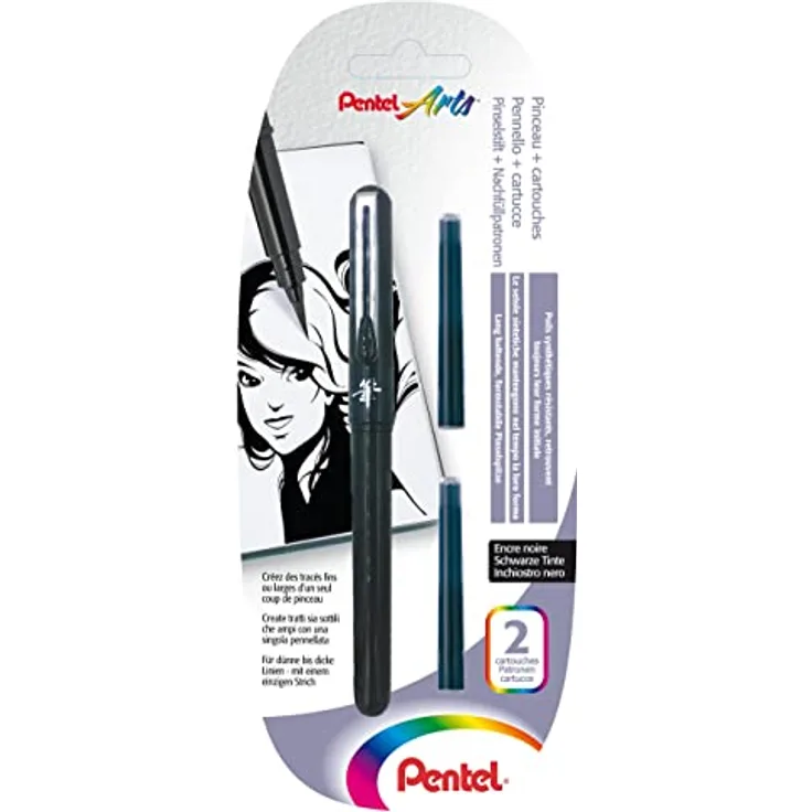 Pentel XGFKP/FP10 - Pocket Brush Blister-Pack Pinselstift mit 2 Patronen, schwarz