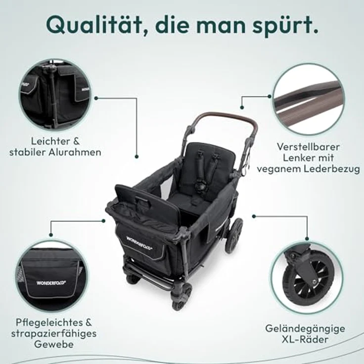 Wonderfold L2 Kombikinderwagen für 2 Kinder, kompakter Bollerwagen mit seitlicher Tür, flexible Sitzbänke, 360°-Räder und Klappmechanismus, schwarz – Bild 4