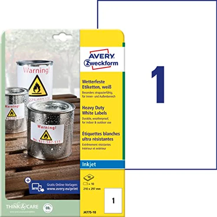 AVERY Zweckform J4775-10 Wetterfeste Folienetiketten, 10 Aufkleber 210x297mm, extrem stark selbstklebend, wasserfest und strapazierfähig, weiß – Bild 1