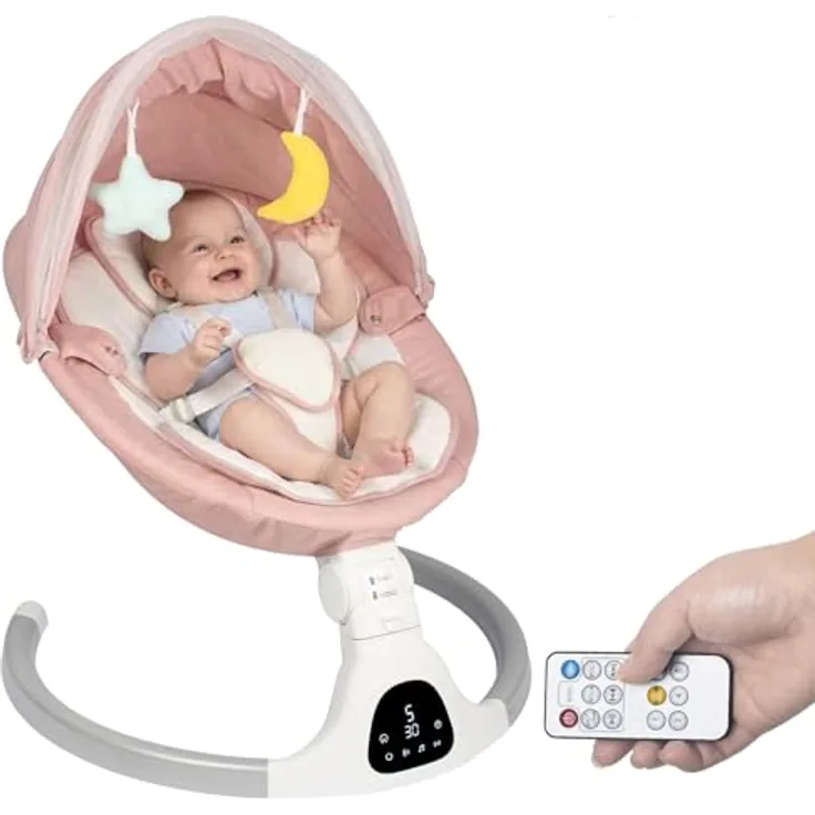 JFOVMCYG Elektrische Babywippe für Säuglinge bis 9 kg, klappbar, mit Fernbedienung & Bluetooth, 5 Schaukelgeschwindigkeiten, 3 Sitzpositionen, Timer-Funktion