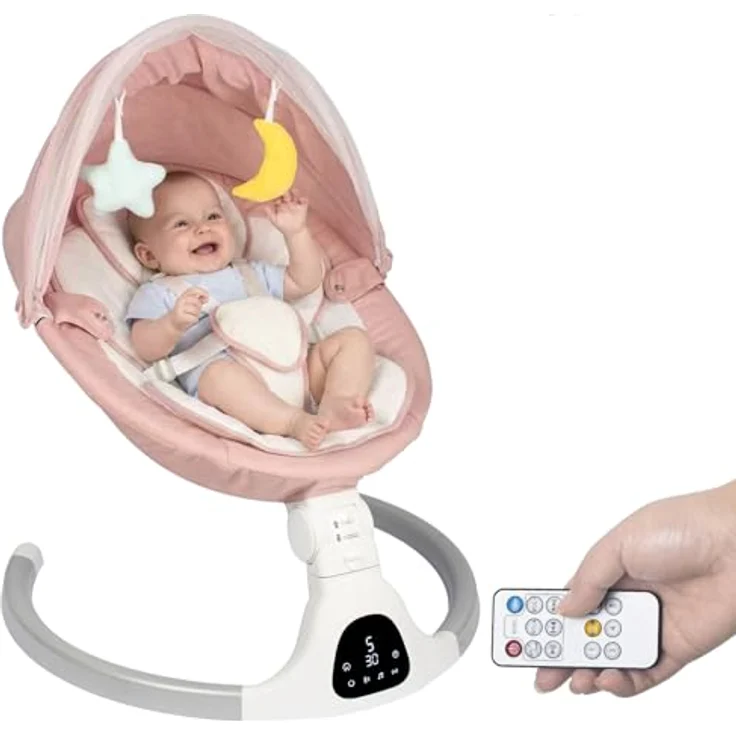 JFOVMCYG Elektrische Babywippe für Säuglinge bis 9 kg, klappbar, mit Fernbedienung & Bluetooth, 5 Schaukelgeschwindigkeiten, 3 Sitzpositionen, Timer-Funktion – Bild 1