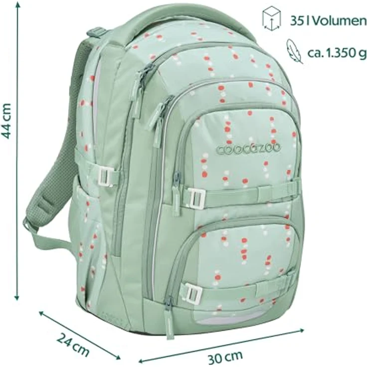 Coocazoo Porter Schulrucksack „Dancing Dots”, Mint, ergonomisch höhenverstellbar mit Brust- und Hüftgurt, ab der 3. Klasse, 5 Fächer, nachhaltig aus recycelten PET-Flaschen – Bild 2