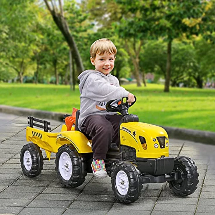 HOMCOM Trettraktor Tretauto Traktor mit AnhГ¤nger Kindertrettraktor Metall Gelb, L133 x B42 x H51cm, für Kinder ab 3 Jahren, mit 6 Rädern für optimale Standfestigkeit - Preisvergleich – Bild 2
