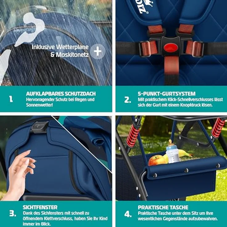 Kidiz Kinderbuggy 360° Räder Liegebuggy mit Fußsack, Getränkehalter, Regenabdeckung & Moskitonetz - verstellbare Rückenlehne & Sonnenverdeck – Bild 3