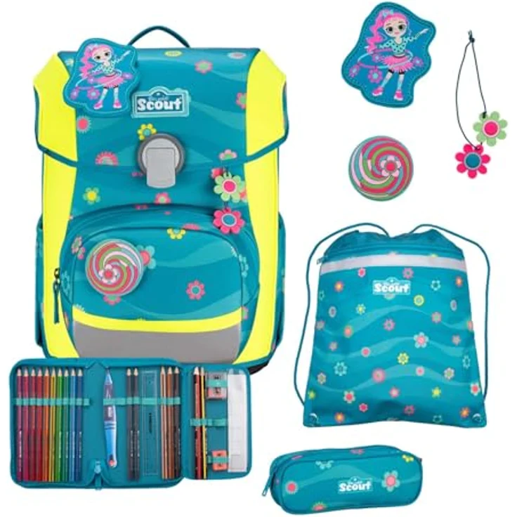 SCOUT Basic Neo Set 4-teilig Little Flowers, Schulranzen mit reflektierender Oberfläche, 2 Mäppchen und Sportbeutel, 27 x 39 x 18 cm – Bild 1