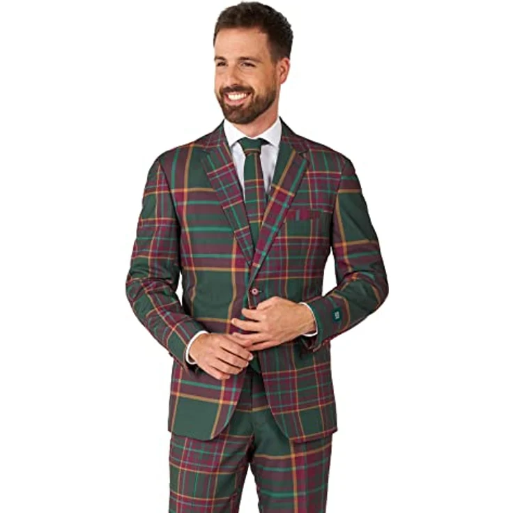 OppoSuits Mixed Mesh Anzug, rot-grün kariert im Tartan-Look, Slim Fit Design mit 4 Innentaschen und passender Krawatte, Größe 54 – Bild 2