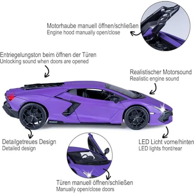 JAMARA 402619 Lamborghini Revuelto Diecast 1:32, Modellauto aus Metall mit manuell öffnenden Türen, LED-Lichtern und realistischen Geräuschen, inkl. Knopfzellen – Bild 4