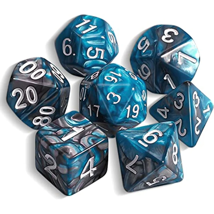 QMAY DND Dice Polyedrisches Würfel Set, 7 Stück für Dungeons und Dragons, Blau und Silber, Acryl, inklusive Samtbeutel, leicht ablesbar – Bild 1
