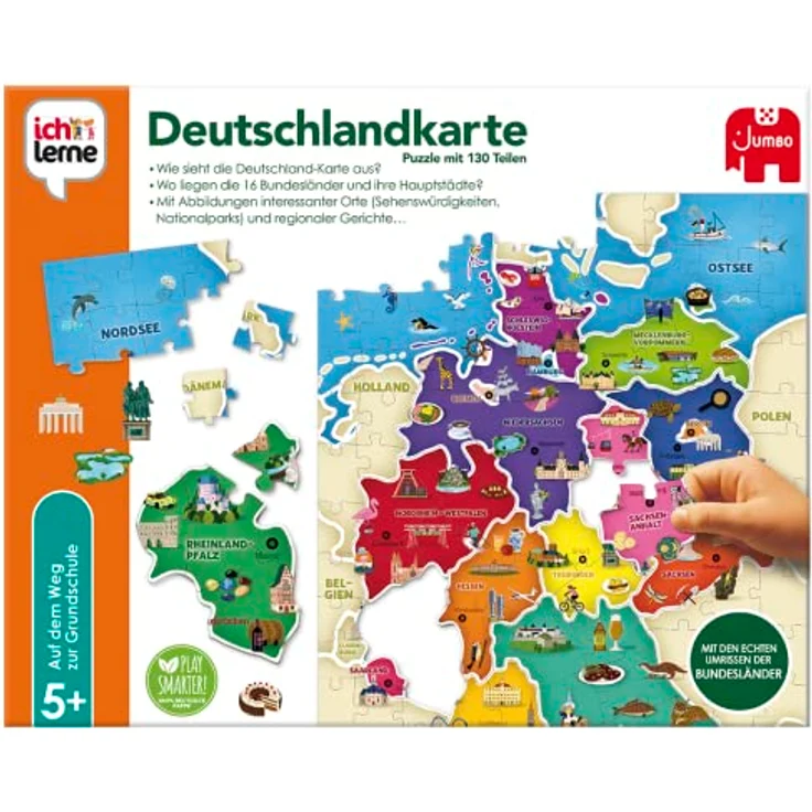 Jumbo Spiele 19927 Ich lerne Deutschlandkarte, Puzzle mit 130 Teilen und Begleitheft, 50x35,5cm Größe, recycelter Karton – Bild 6
