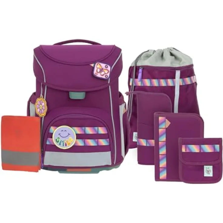 LÄSSIG Unique School Set Slim 7-teilig, Schulranzen mit durchdachtem Stauraum, Regenhülle und Reflektoren, Lilac