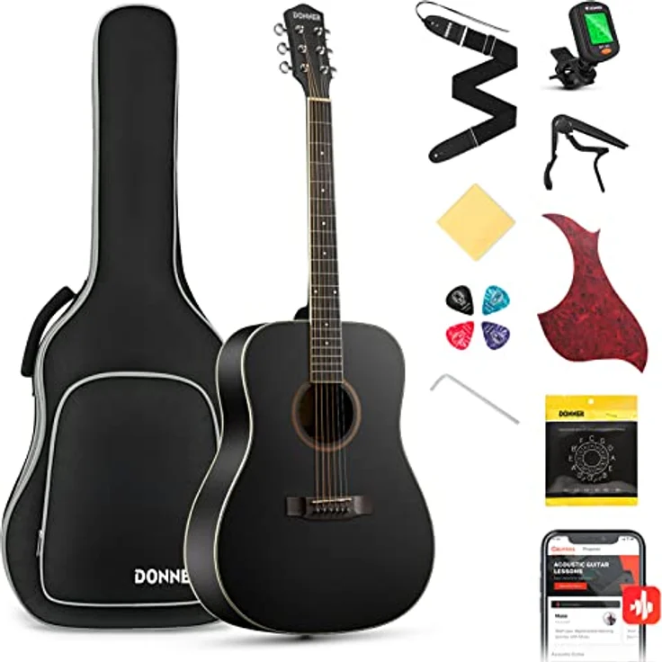 Donner Guitar Acoustic Beginners Full Size Acoustic Guitar Adult Set 4/4 Dreadnought 41 Inch with Gig Bag Capo Plectrums Strap Strings (Black) – Bild 1