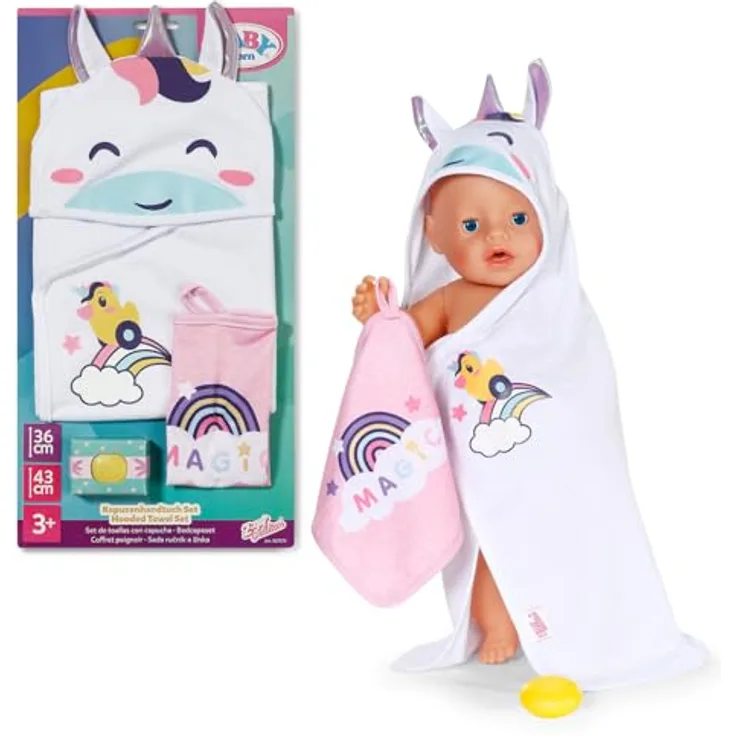 BABY born Kapuzenhandtuch Set, Doppelpack mit Einhorn- und Regenbogenmotiv, für Puppen in 36 cm und 43 cm Größe, weiches Material