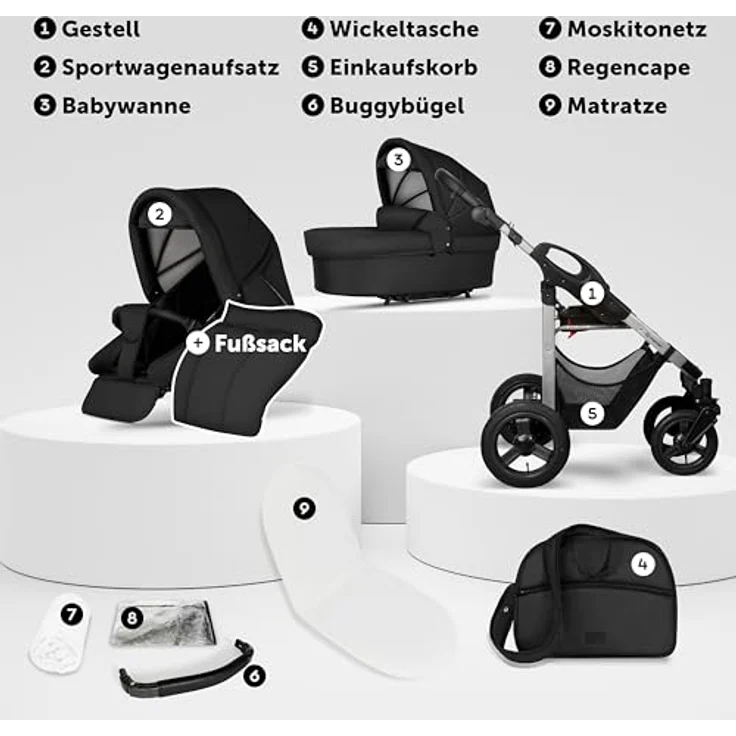 Bergsteiger Capri Kombikinderwagen 2-in-1, Babywanne & Sportsitz, Luftreifen, Federung, höhenverstellbarer Griff, faltbar, Zubehör – Bild 3
