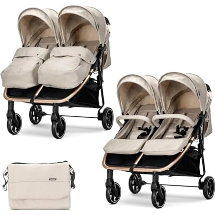 Lorelli Zwillingskinderwagen Duo, leichter Doppel-Kinderwagen mit verstellbarem Verdeck, grau – Bild 2
