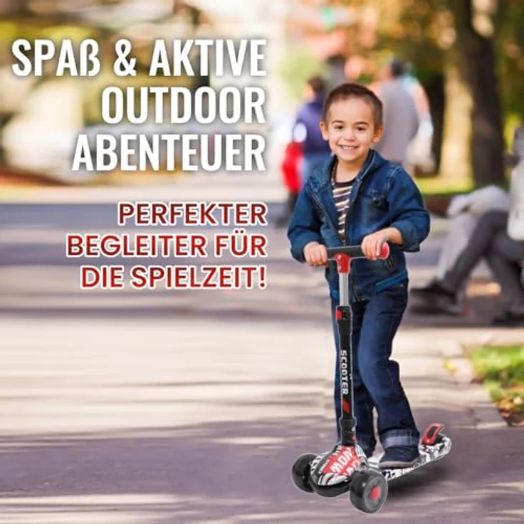 Habib Gruppe Kinderroller, Klappbar Tretroller mit LED Leuchträdern, Höhenverstellbar für 3-12 Jahre, Graffiti Design, rutschfeste Griffe & Hinterradbremse, max. 50 kg – Bild 5