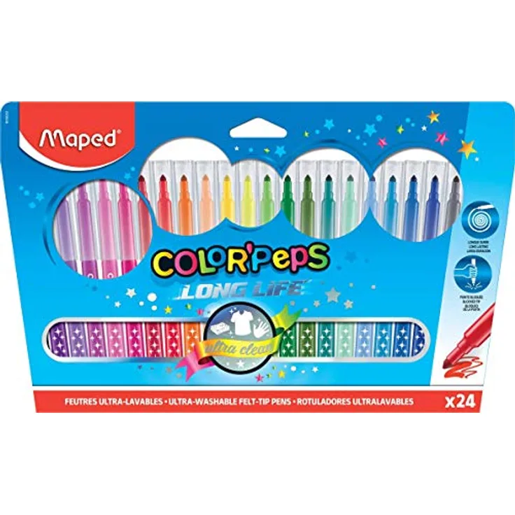 Maped Filzstifte Color Peps Longlife, 18er Packung - leuchtende Farben, abgeschrägte Spitze, auswaschbar, langlebig, chemikalienfrei