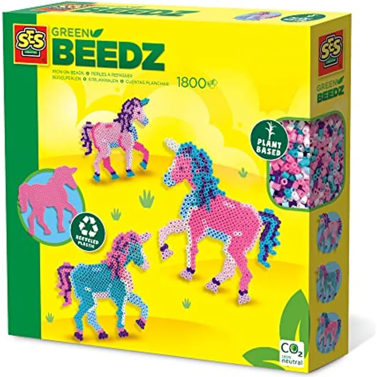SES Creative 06406 Green Beedz - Bügelperlenset Einhorn, Eco-Einhorn-Stiftplatte, 1800 Eco-Bügelperlen-Mix, aus recyceltem Kunststoff