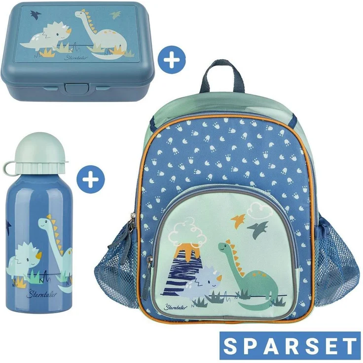 Sterntaler Kindergarten-Set, 3er Set Mini-Rucksack, Lunchbox & Trinkflasche im Dino Rexi Design, Blau