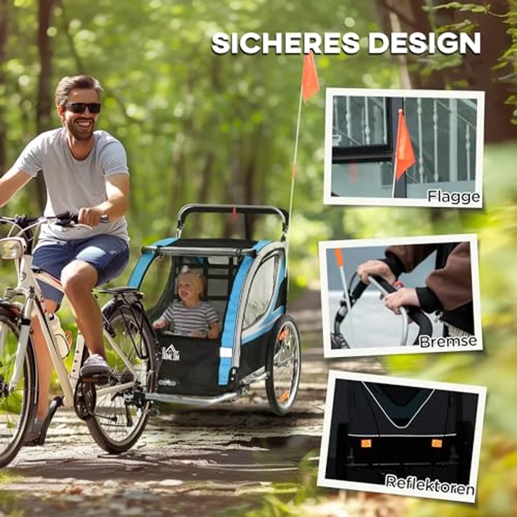 HOMCOM Fahrradkinderanhänger Kinderanhänger Kinderwagen, blau, 5-Punkt-Sicherheitsgurt, Universalkupplung – Bild 8