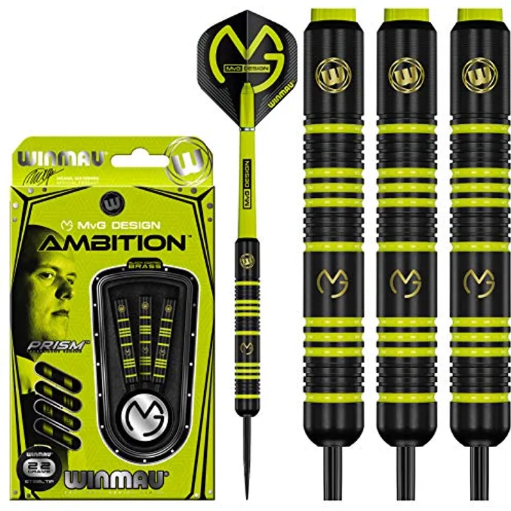 WINMAU Michael Van Gerwen MvG Ambition 22g Steeltip Dartpfeile Set mit Nylon Schäften und Mega Standard Flights
