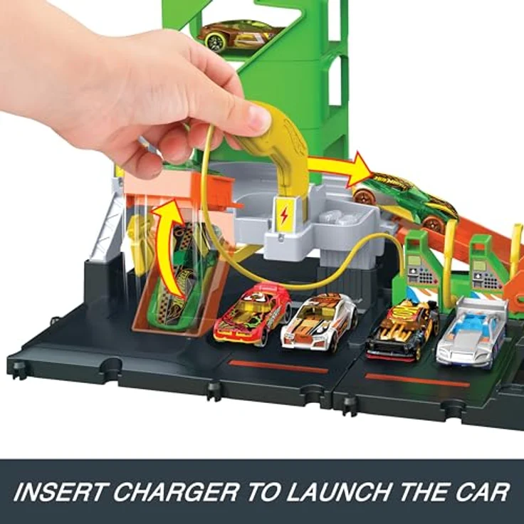 Hot Wheels City Super Recharge Tankstelle, interaktives Spielset mit umpositionierbarem Ladegriff und Platz für 10 Fahrzeuge, inklusive einem Hot Wheels Auto – Bild 3