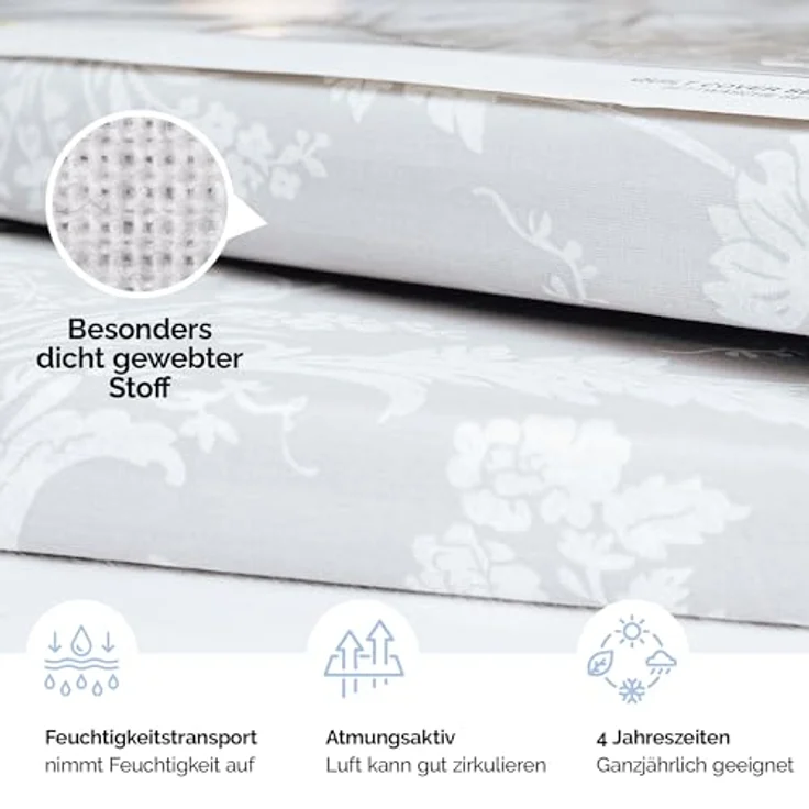 ZIRVEHOME Bettwäsche 135x200 cm. grau, 100% Baumwolle/Renforcé, 2 teilig Set Wende bettbezug aus Baumwolle mit weiß barock Muster, Verdeckter Reißverschluss, 1 mal Kissenbezug 80x80 cm. Alone V1 - Preisvergleich – Bild 3