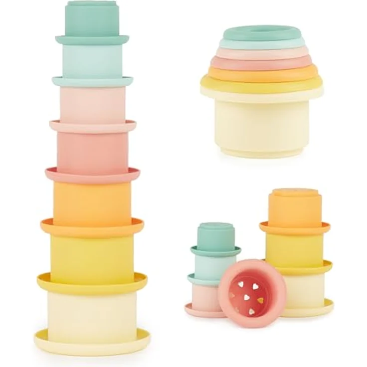 BIECO Silikon Stapelbecher Tropical Vibes, 7-teiliges Set aus lebensmittelechtem Silikon für Kinder ab 12 Monaten, fördert motorische Fähigkeiten – Bild 1