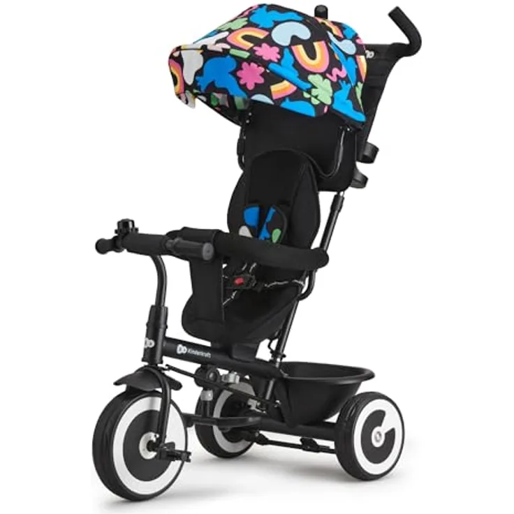 Kinderkraft Aston Dreirad, Kinderdreirad mit drehbarem Sitz, Schubstange, ausklappbarem Verdeck und Sonnenschutz, ab 9 Monate bis 25 kg, Happy Shapes