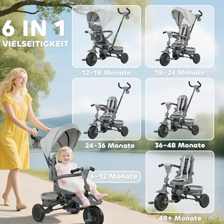 AIYAPLAY Dreirad 6in1, mit Schubstange, drehbarem Sitz, Korb, Tasche, Getränkehalter, für 1-5 Jahre, Grau – Bild 3