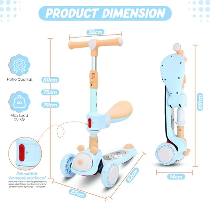 Habib Gruppe Kinderroller Tretroller 3-in-1 Faltbarer Scooter mit abnehmbarem Sitz, höhenverstellbar, LED-Rädern, für Kinder (1-12 Jahre), blau – Bild 3