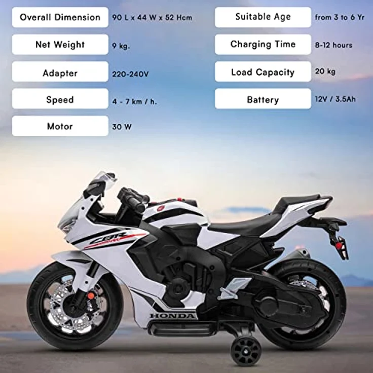 Beneo Kinder-Elektromotorrad HONDA CBR 1000RR, lizenziert, 12V-Batterie, Kunstledersitz, Kunststoffräder, 30W-Motor, LED-Beleuchtung, solider Rahmen, Hilfsräder, weiß – Bild 6