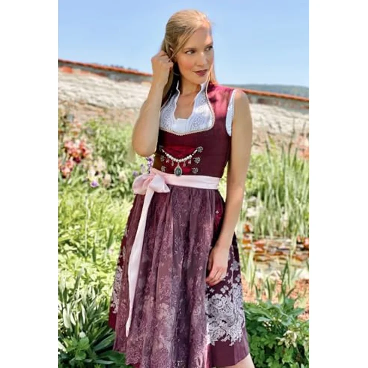 Edelnice Dirndl Stella, Dirndlkleid aus satt dunkelrotem Brokatstoff mit romantischen Streublumen und Schmetterlingen – Bild 4