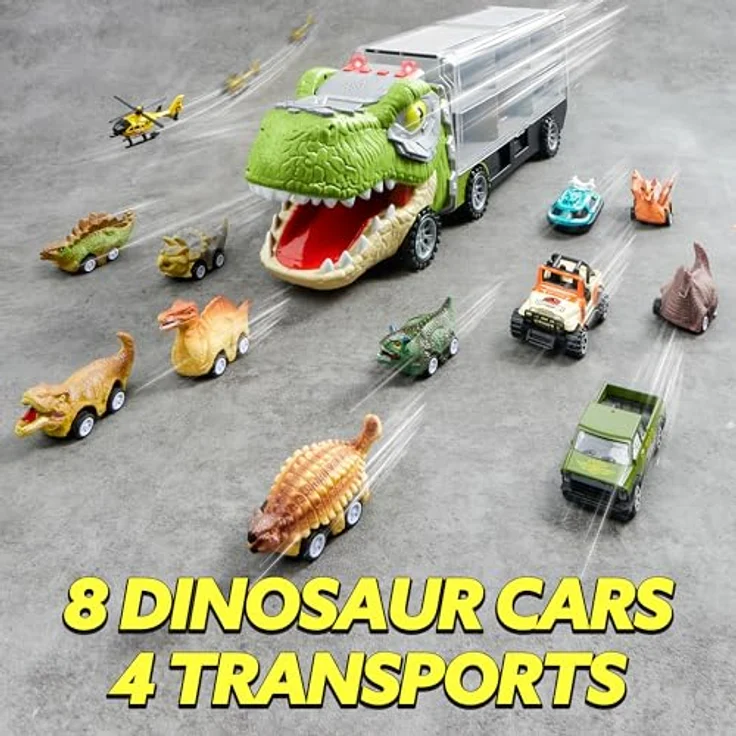 JOYIN Dinosaurier Spielzeug-Set, 13 Stück mit Autotransporter, 12 Zurückziehbaren Dino-Fahrzeugen, Musik, Sound und Lichtern, Hubschrauber für Kinder – Bild 5