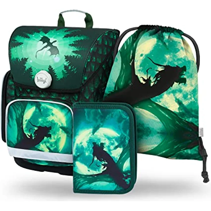 Baagl Schulranzen Jungen Set 3 Teilig Ergo Schultasche 1. Klasse - Drache mit ergonomischem Design, isolierter Fronttasche und anatomisch gepolsterter Rückenseite – Bild 1