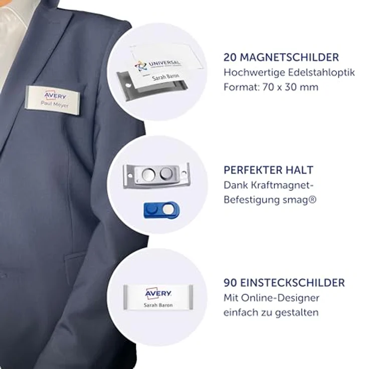 AVERY Zweckform Namensschilder mit Magnet, 70 x 30 mm, 1 Set, auswechselbare Einsteckschildchen für klare Personenidentifikation – Bild 2