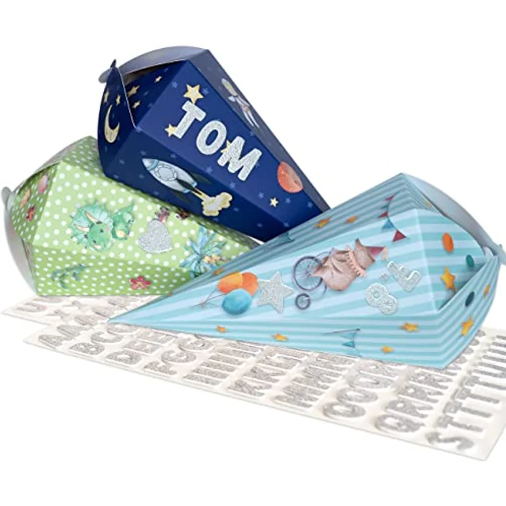 Papierdrachen Bedruckte Schultüten Set, 3 Stück in Blau Grün, 24,5 cm, inkl. dekorative Moosgummi Aufkleber – Bild 1