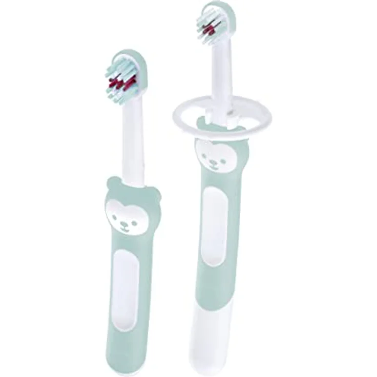 MAM Learn to Brush Set, Baby Zahnbürste mit langem Griff zum gemeinsamen Halten, Kinderzahnbürste trainiert das Zähneputzen, ab 5+ Monate, türkis, 1 Stück (1er Pack) – Bild 1