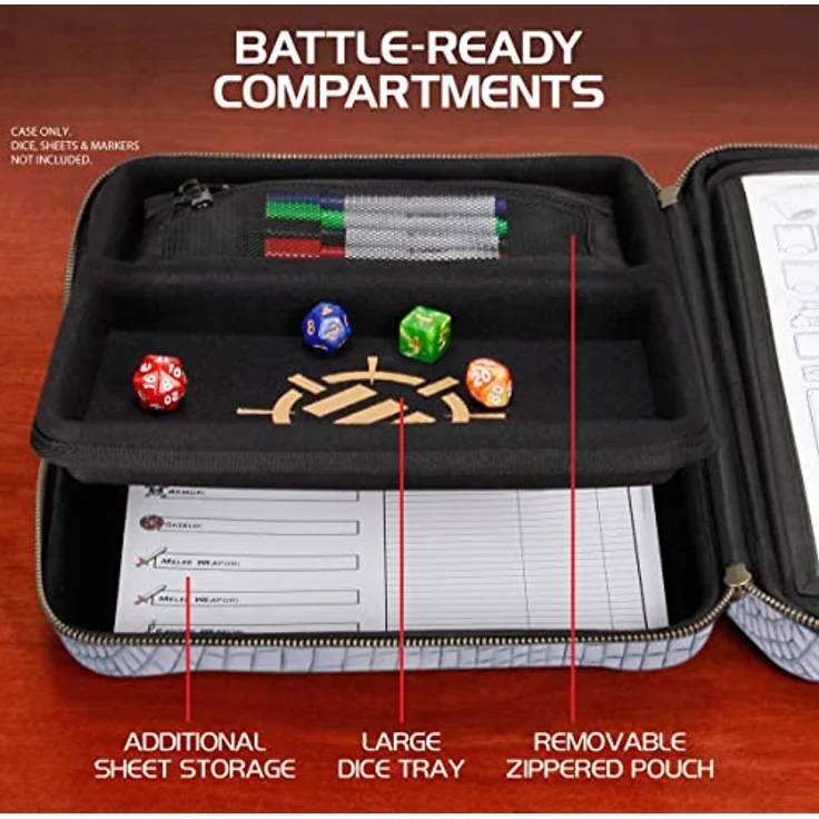 ENHANCE RPG-Organizer-Etui, Sammleredition – DND-Ordner mit Charakterbogenhalter, Würfelrollbereich, herausnehmbarer Stifttasche, Miniatur-Schaumstoffablage, Drachen Silber – Bild 3