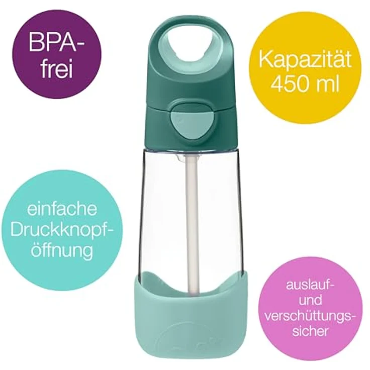 b.box TritanTM Trink- und Wasserflasche, auslaufsicherer Deckel, leicht fließender Silikon-Trinkhalm, 450 ml, Smaragdwald – Bild 2