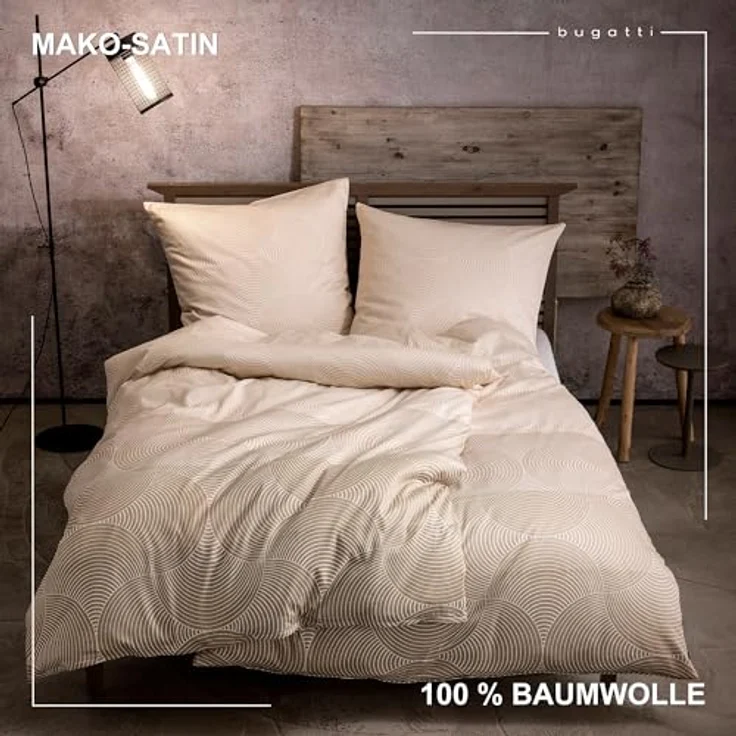 bugatti Bettwäsche 135x200 cm - 100% Baumwolle, Reißverschluss, anschmiegsam, weich & waschbar, Mako Satinbettwäsche Kreise grafisch beige – Bild 2