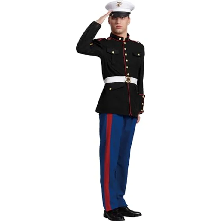 Maskworld Marine Corps Kadett Kostüm (XL), authentische Jacke in Schwarz mit roten Streifen, Marineblaue Hose und Kadettenmütze – Bild 5