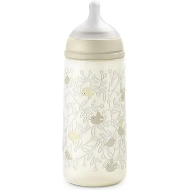 Suavinex Babyflasche 360 ml mit SX Pro physiologischem Silikon-Sauger, Antikolik-Flasche mit dichtem Trinkfluss (L), ideal für Brei, Babys ab 6+ Monaten, Birdies Beige