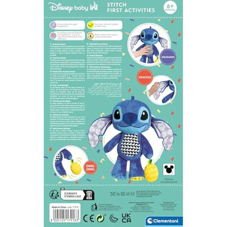 Clementoni® Plüschfigur Disney Baby, Stitch, Erste Aktivitäten, Made in Europe, Süßer Spielkamerad für unterwegs, waschbar – Bild 3